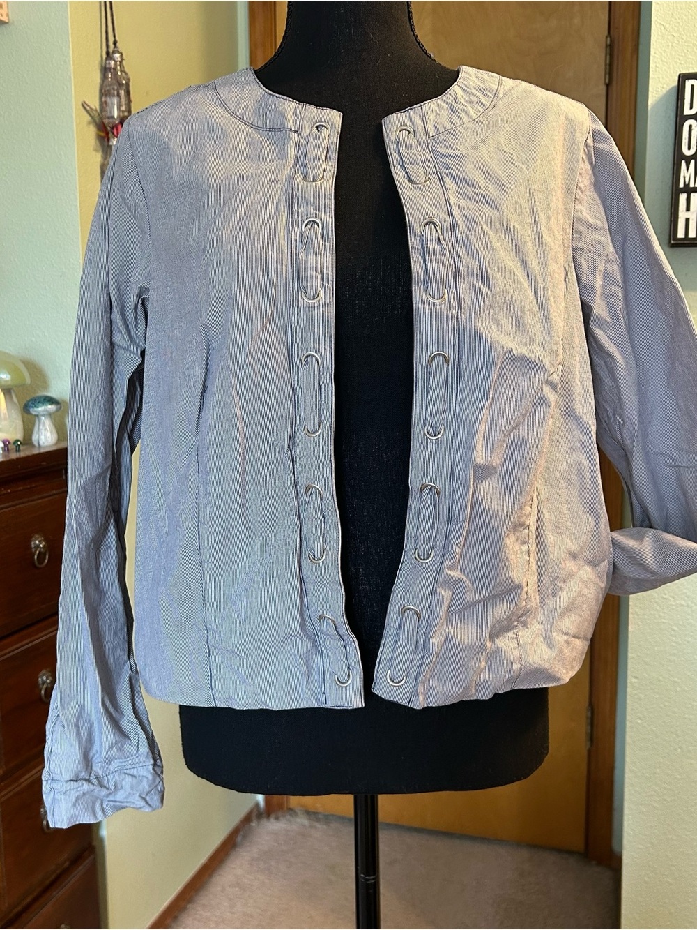 Christopher & Banks blue white pinstriped light jacket metal rivet accents S